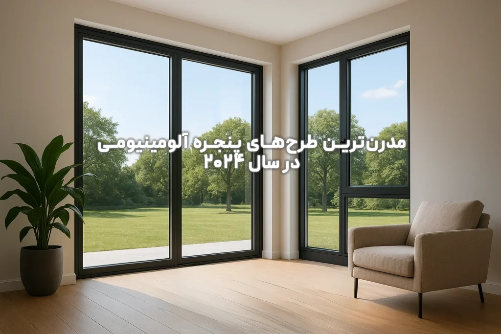 تصویر پنجره آلومینیومی مدرن با فریم باریک در طراحی داخلی مینیمال سال ۲۰۲۴، با چشم‌انداز فضای سبز و نور طبیعی